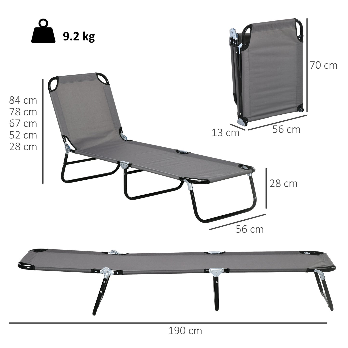 Garden Sun Lounger, with Five-Position Back - Grey