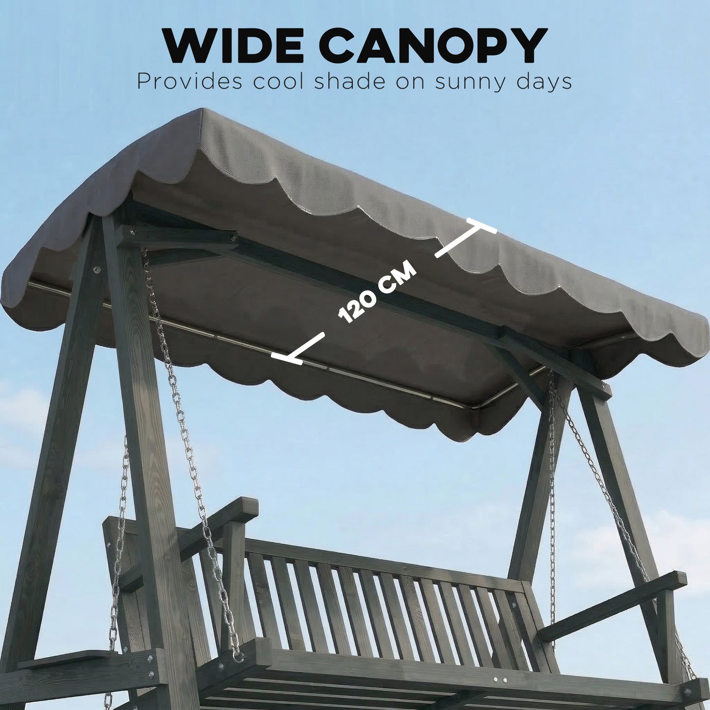 3 Seater Garden Swing Seat with Canopy, Wooden Swing Chair, Outdoor Hammock Bench for Balcony Patio Porch, Grey
