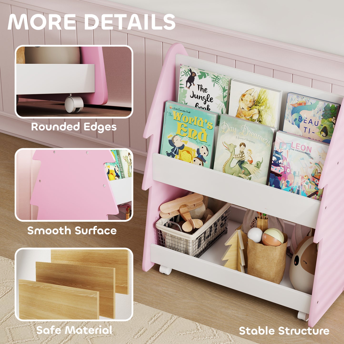Kids Bookshelf with Toy Storage, Double-Sided Bookcase with Wheels, 3 Tier Kids Book Rack for Bedroom, Pink