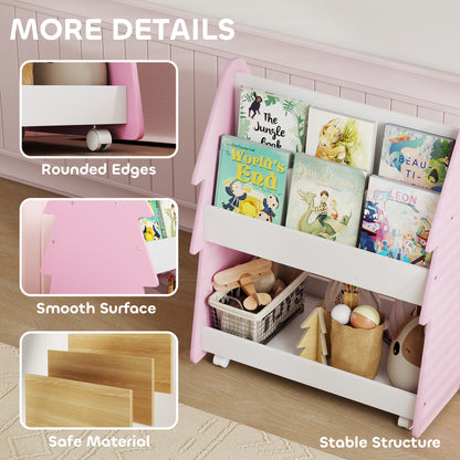 Kids Bookshelf with Toy Storage, Double-Sided Bookcase with Wheels, 3 Tier Kids Book Rack for Bedroom, Pink