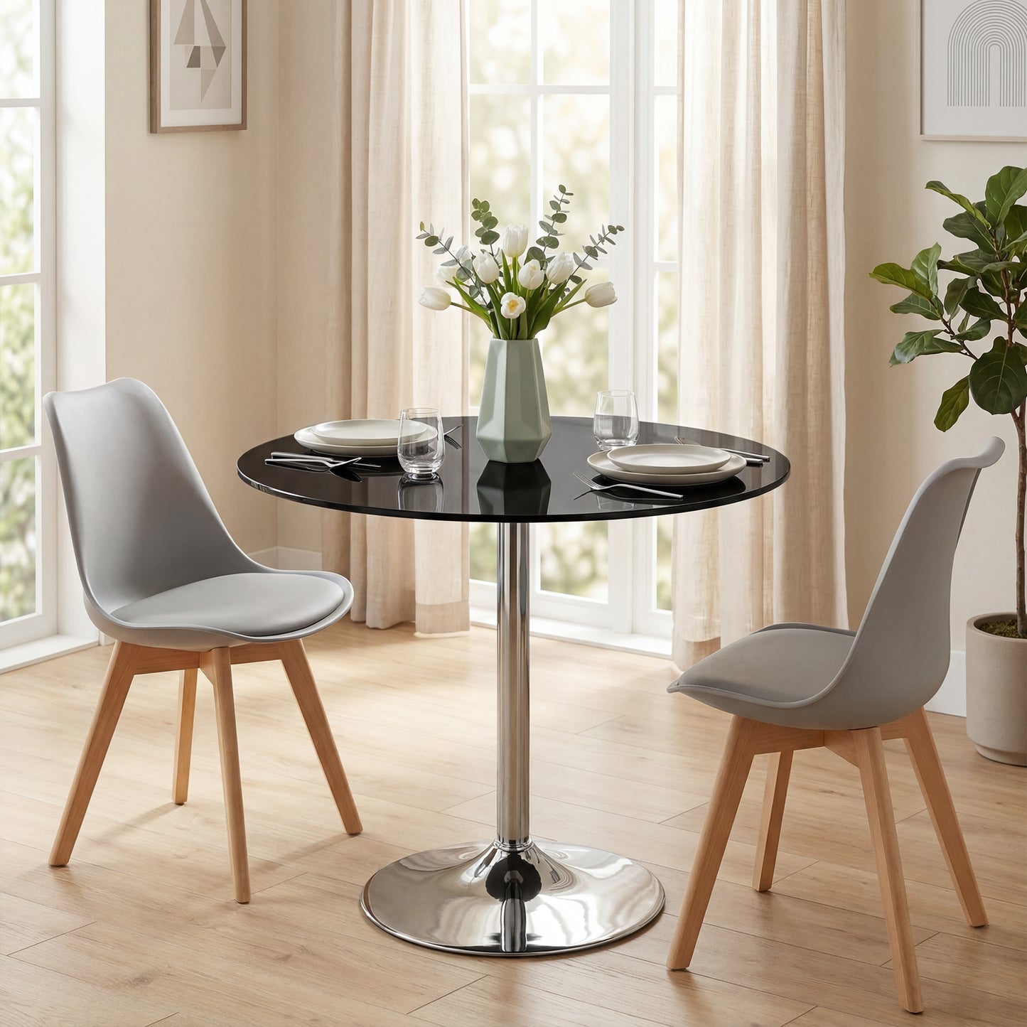Round Bar Table, Modern Dining Table with Tempered Glass Top and Steel Frame for 4, 80 x 80 x 77cm, Black
