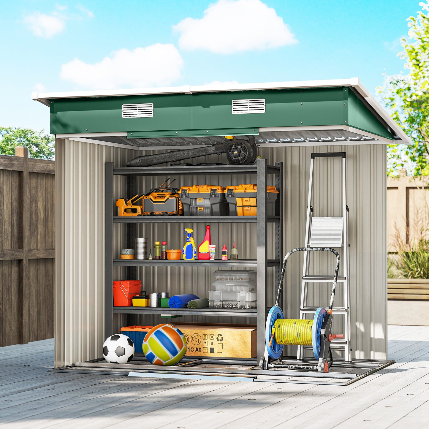 7 x 4ft Outdoor Storage Shed with Foundation Kit, Lean to Metal Garden Shed for Log, Rubbish Bin, Tool, Bike, Green