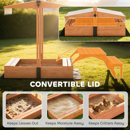 Kids Sand Pit with Lid, Wooden Sandpit with Canopy, Foldable Picnic Table, Bench Seats, Bottom Liner for Patio Garden