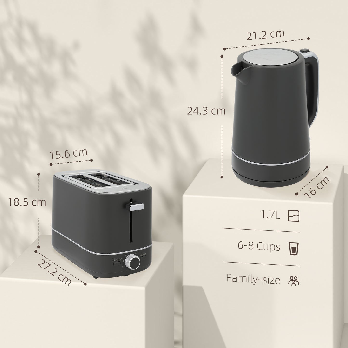 Kettle and Toaster Set, 1.7L 3000W Fast Boil Kettle & 2 Slice Toaster Kitchen Set with 6 Level Browning Controls, Defrost