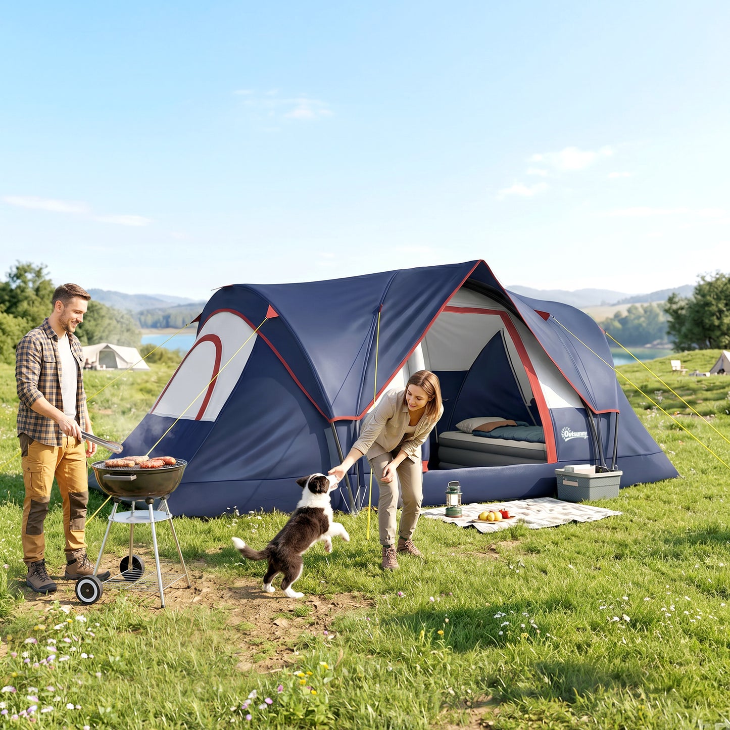 5 Man Camping Tent, Large Tunnel Tent, Water Resistant Hiking Shelter with Groundsheet and Carry Bag, Navy Blue
