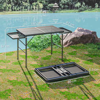 Folding Grill Table, 4.5ft Portable Camping Table with 2 Wing Panels, Height Adjustable Metal Picnic Table for Camping