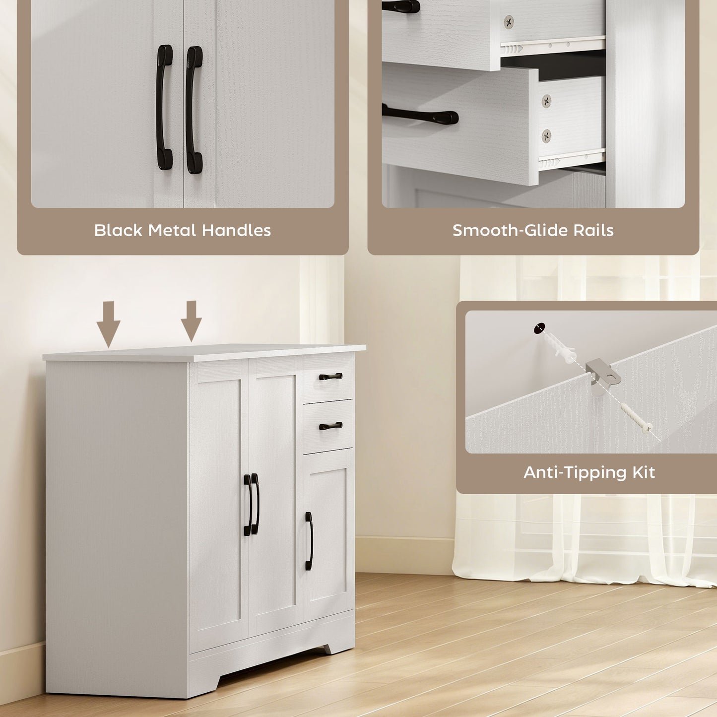 Sideboard with 2 Drawers Modern Storage Cabinet, Kitchen Cupboard with Adjustable Shelf and 3 Doors White
