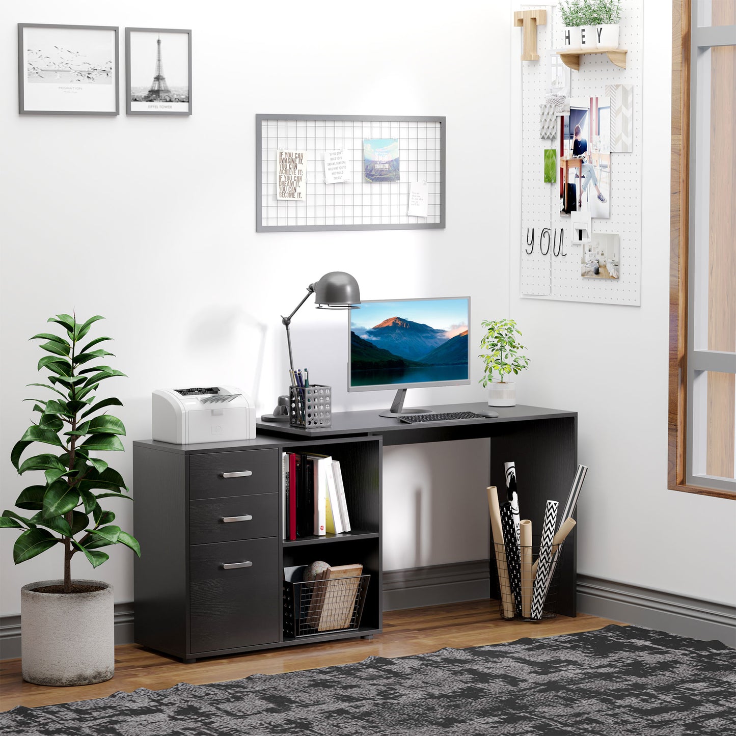 L Shaped Computer Desk, Reversible Home Office Desk with Drawers, File Cabinet and Storage Shelves, Study Table