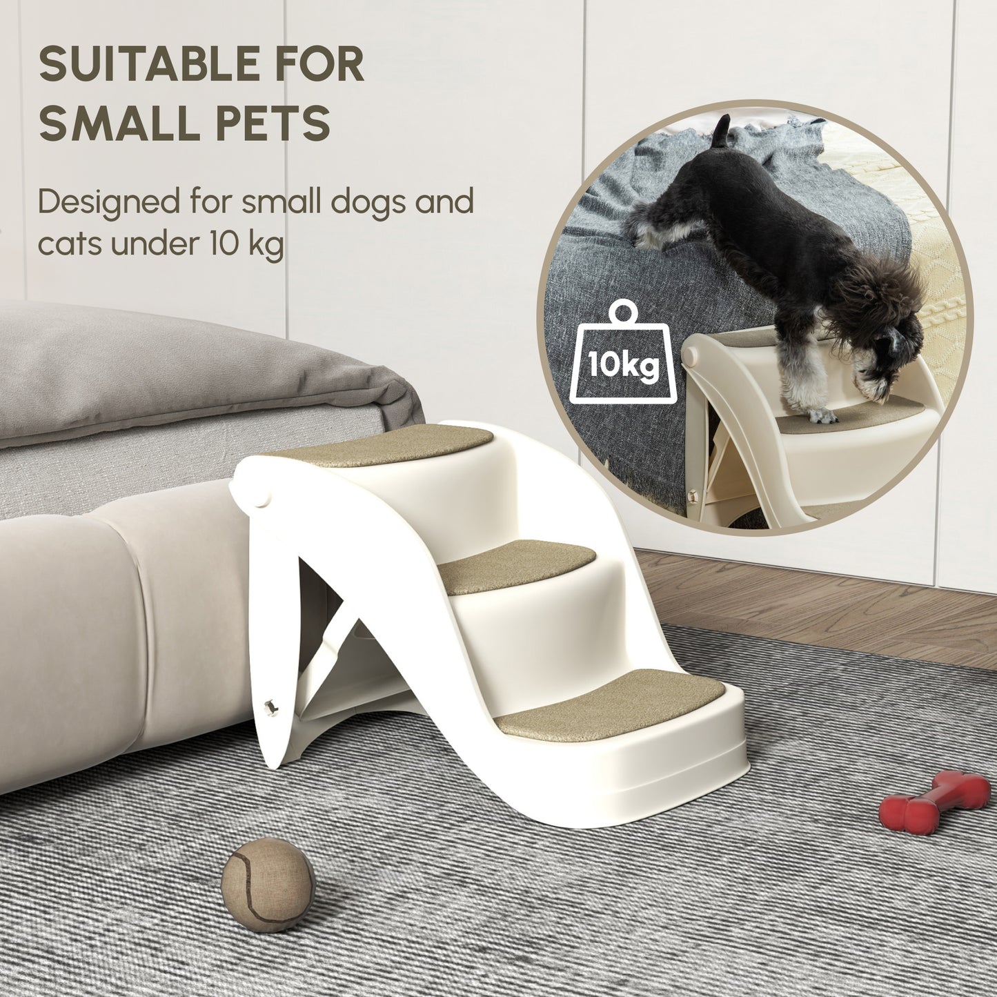 Foldable Pet Stairs Portable Dog Steps 3-Step Design with Non-slip Mats for High Beds, Sofas, 49 x 38 x 38 cm, Cream