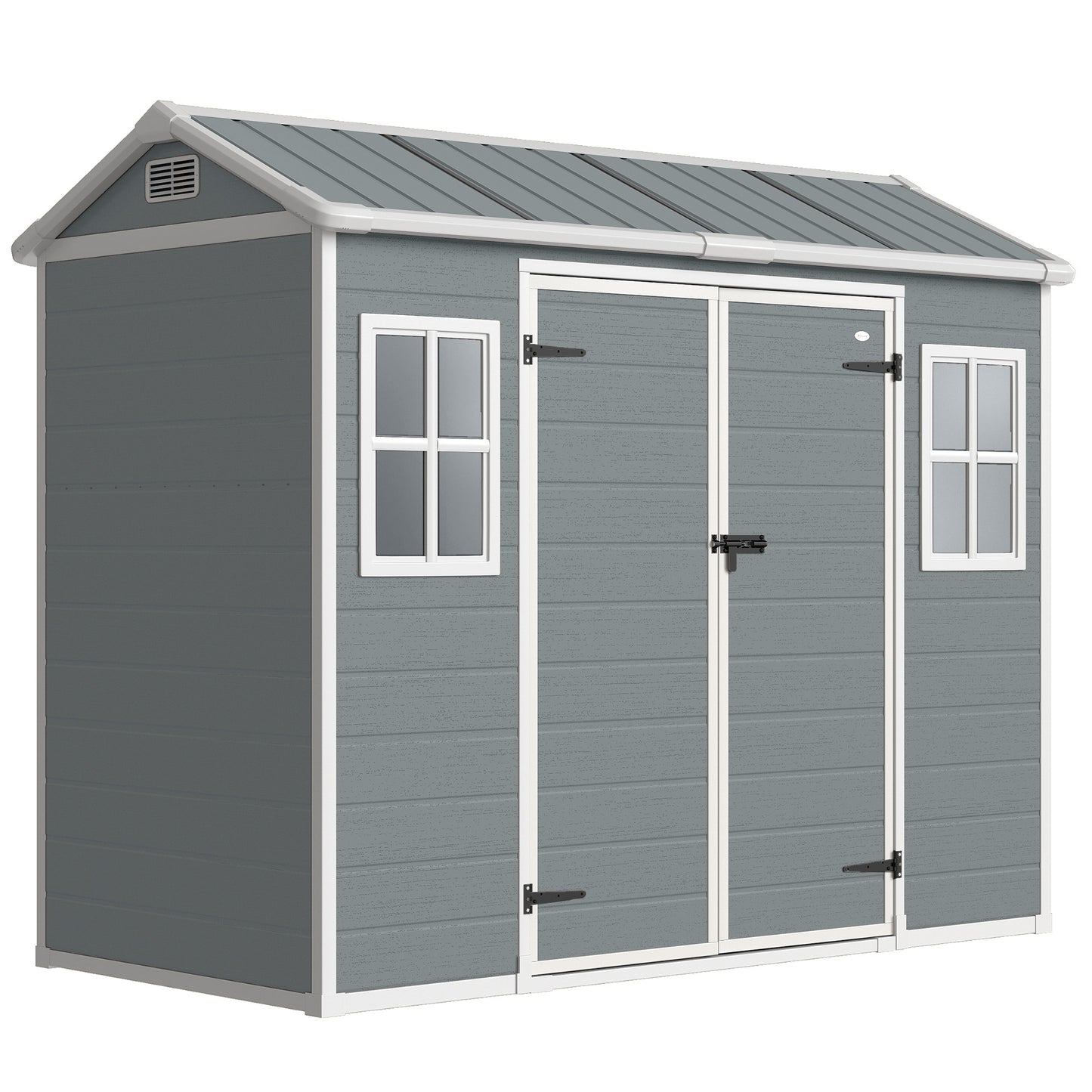 8 x 4 ft Plastic Garden Shed, Wood-Effect Outdoor Storage Shed with Floor, Windows, Lockable Doors and Vents, Light Grey
