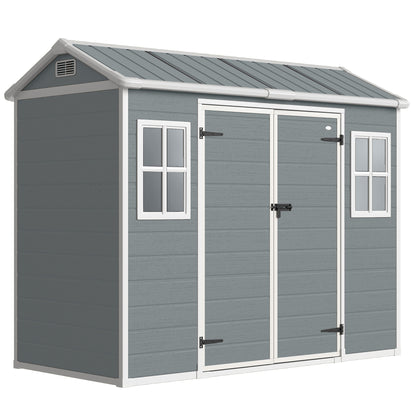 8 x 4 ft Plastic Garden Shed, Wood-Effect Outdoor Storage Shed with Floor, Windows, Lockable Doors and Vents, Light Grey