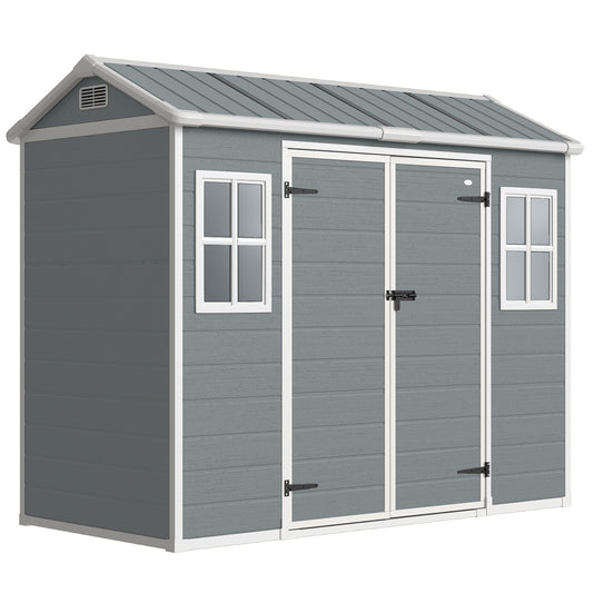 8 x 4 ft Plastic Garden Shed, Wood-Effect Outdoor Storage Shed with Floor, Windows, Lockable Doors and Vents, Light Grey
