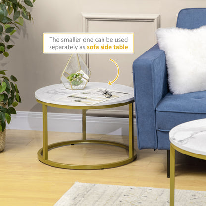 Coffee Table Set of 2, Round Nest of Tables with Metal Frame, Modern Side Tables for Living Room, White