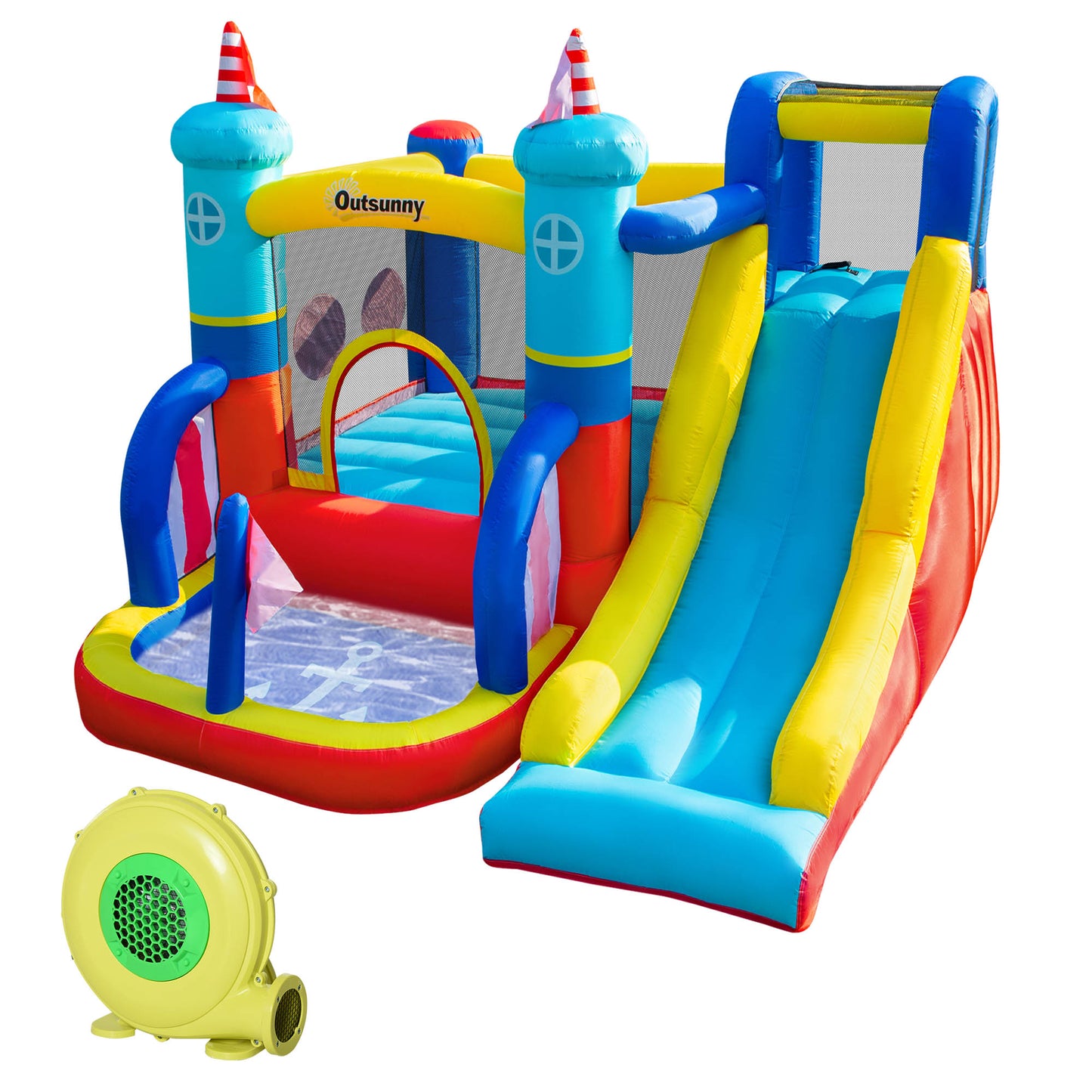 Kids Bouncy Castle, 4 in 1 Large Sailboat Style Inflatable House Slide Trampoline Water Pool Climbing Wall with Blower Carryb
