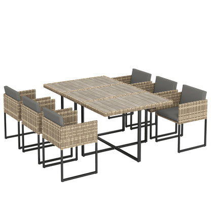 7 Piece Rattan Garden Furniture Set, Garden Dining Set with Wood-Plastic Table and 6 Stackable Chairs, Light Brown