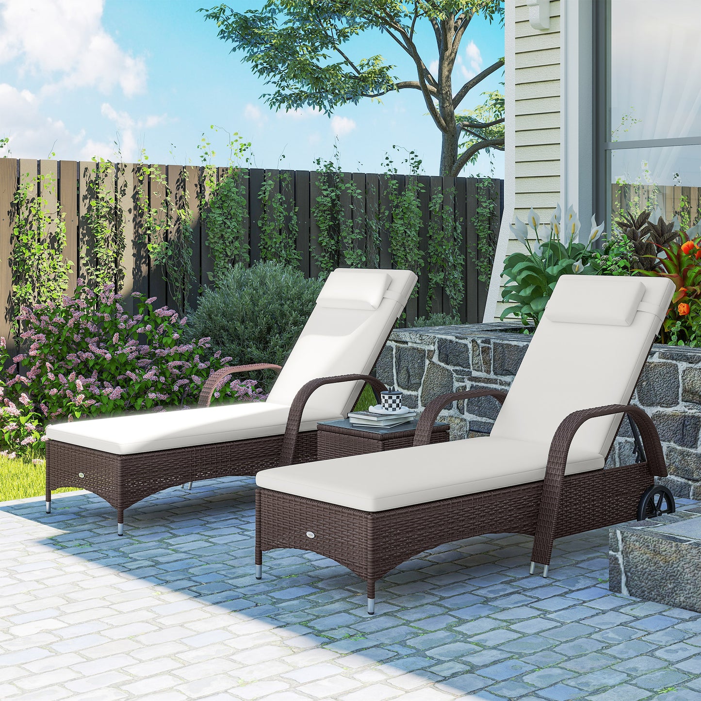 Rattan Sun Loungers Set of 2 with Side Table, 3-Piece Garden Furniture Set