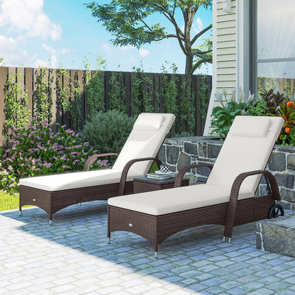 Rattan Sun Loungers Set of 2 with Side Table, 3-Piece Garden Furniture Set