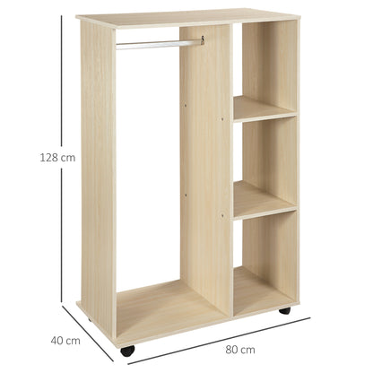 Open Wardrobe on Wheels, Bedroom Wardrobe with Clothes Hanging Rail, 3 Storage Shelves, Mobile Garment Rack for Cloakroom