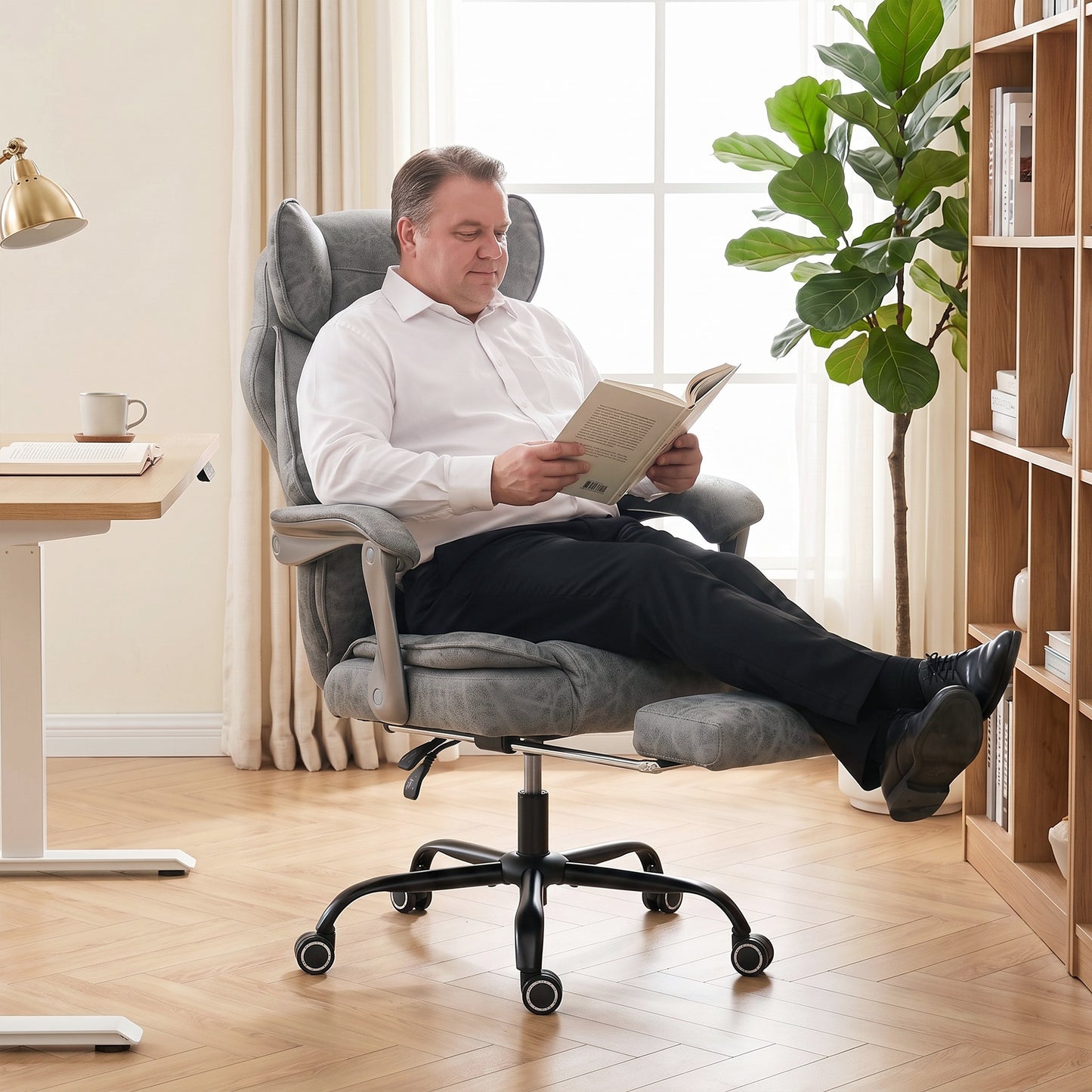 Executive Office Chair, Leathaire Big and Tall Office Chair 180 kg with Wide Seat, Reclining, Lumbar Support, Grey