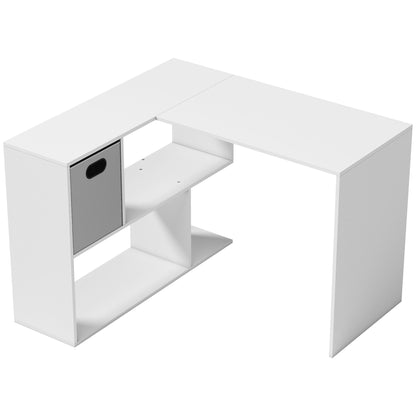L Shaped Computer Desk, 110 x 100cm Reversible Corner Desk with Fabric Drawer and Storage Shelves, White