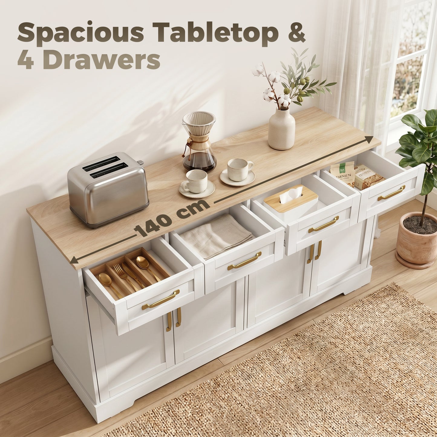 Sideboard Buffet Cabinet, 140 cm Kitchen Storage Cabinet with 4 Drawers, 4 Doors and 2 Adjustable Shelves, White