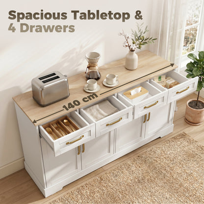 Sideboard Buffet Cabinet, 140 cm Kitchen Storage Cabinet with 4 Drawers, 4 Doors and 2 Adjustable Shelves, White