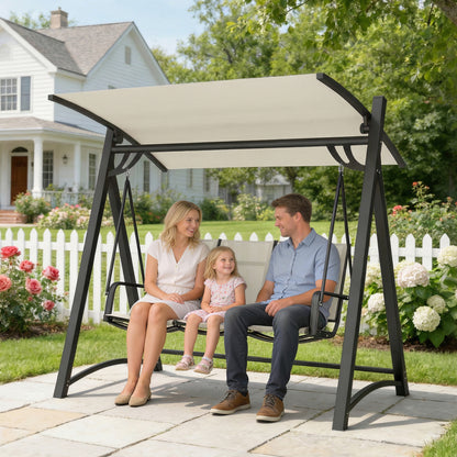 3 Seater Swing Chair, Garden Swing Bench with Adjustable Tilting Canopy, Breathable Mesh Seat 360 kg Capacity, White