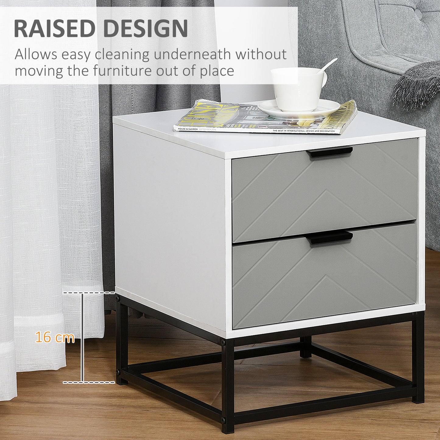 Bedside Cabinet with 2 Drawer Storage Unit, Unique Shape Bedroom Table Nightstand with Metal Base, for Living Room