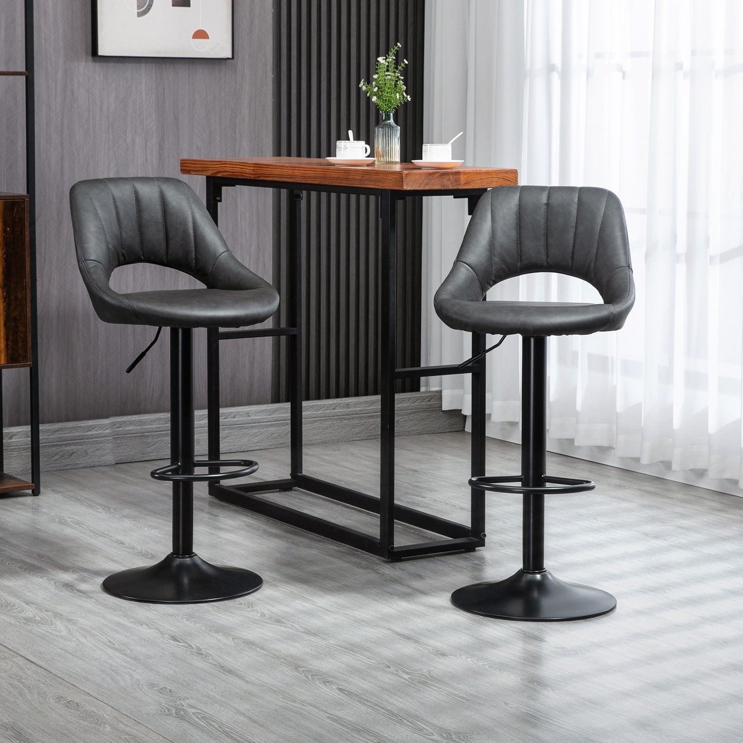 Bar Stools Set of 2, PU Leather Swivel Barstools with Backrest and Footrest for Kitchen, Counter, Breakfast Bar, Grey