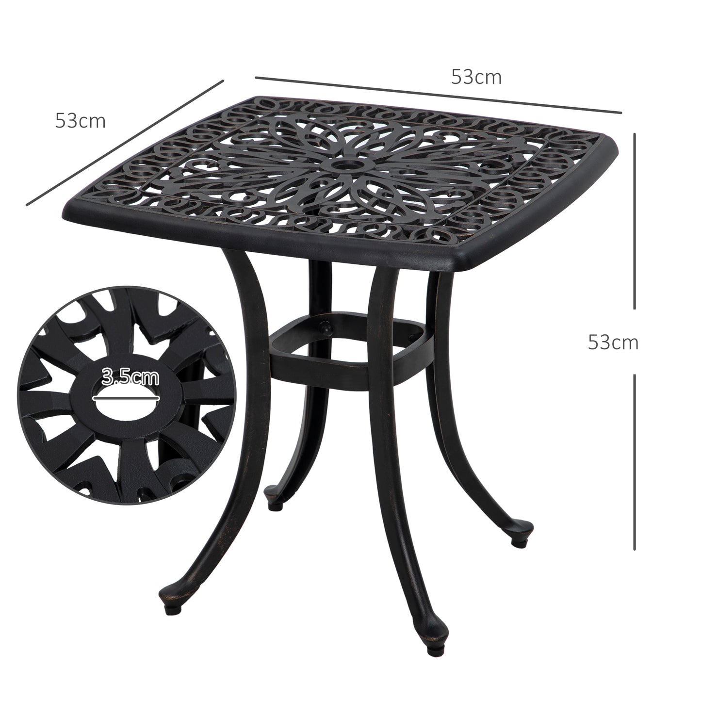 Cast Aluminium Bistro Table, Outdoor Square Side Table with Umbrella Hole, Garden Table for Balcony, Bronze Tone