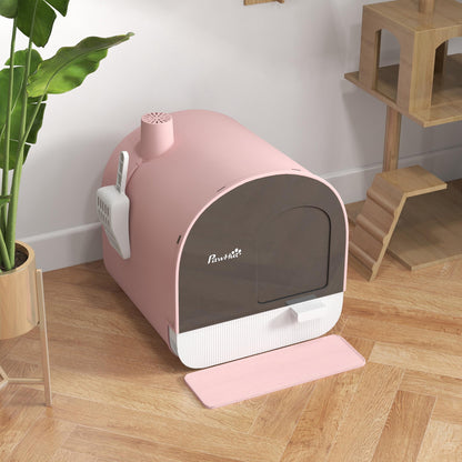 Hooded Cat Litter Box, Kitten Litter Tray, with Lid, Scoop, Filter, Flap Door, Pink