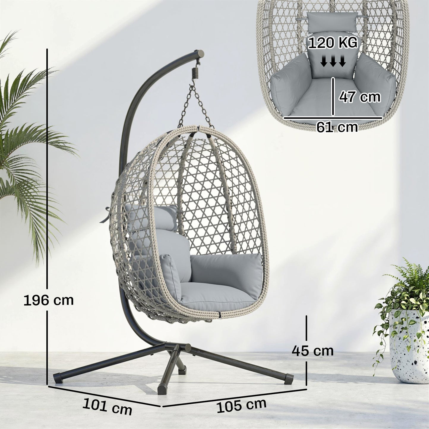 Hanging Egg Chair, Indoor Outdoor Rattan Hammock Swing Chair with Stand, Safety Strap, Foldable Basket, Light Grey