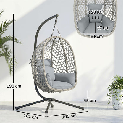 Hanging Egg Chair, Indoor Outdoor Rattan Hammock Swing Chair with Stand, Safety Strap, Foldable Basket, Light Grey