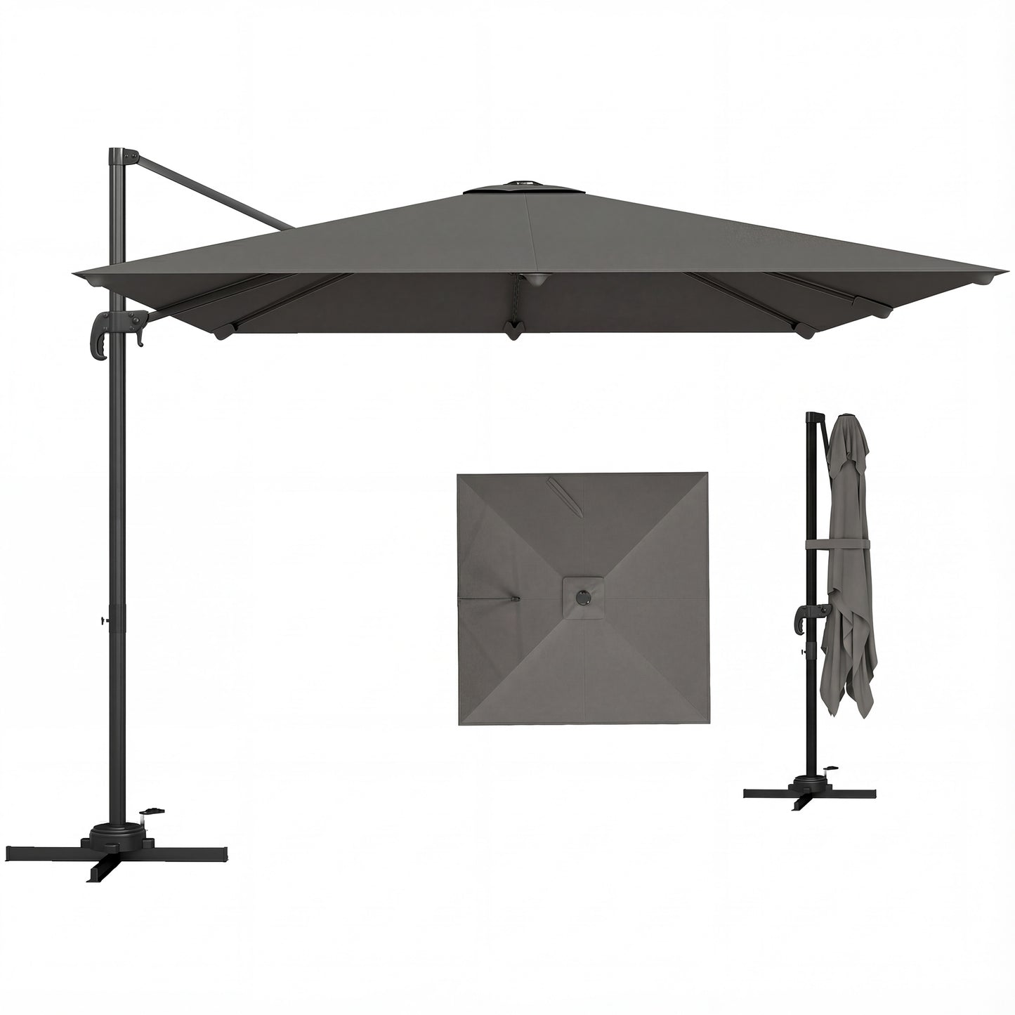 3 x 3 m Cantilever Parasol, Square Patio Umbrella with Crank Handle, Cross Base, Tilt, 360° Rotation, Dark Grey