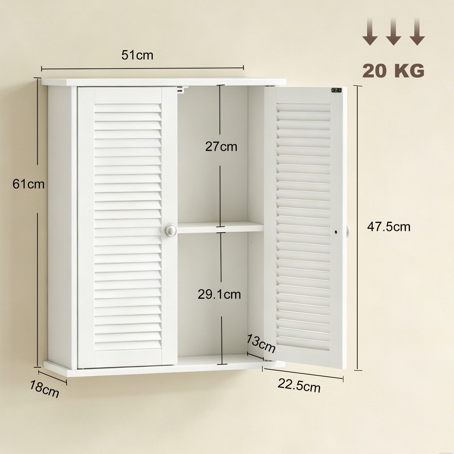Bathroom Cabinet, Bathroom Wall Cabinet with Louvered Doors and Adjustable Shelf Storage for Kitchen, White