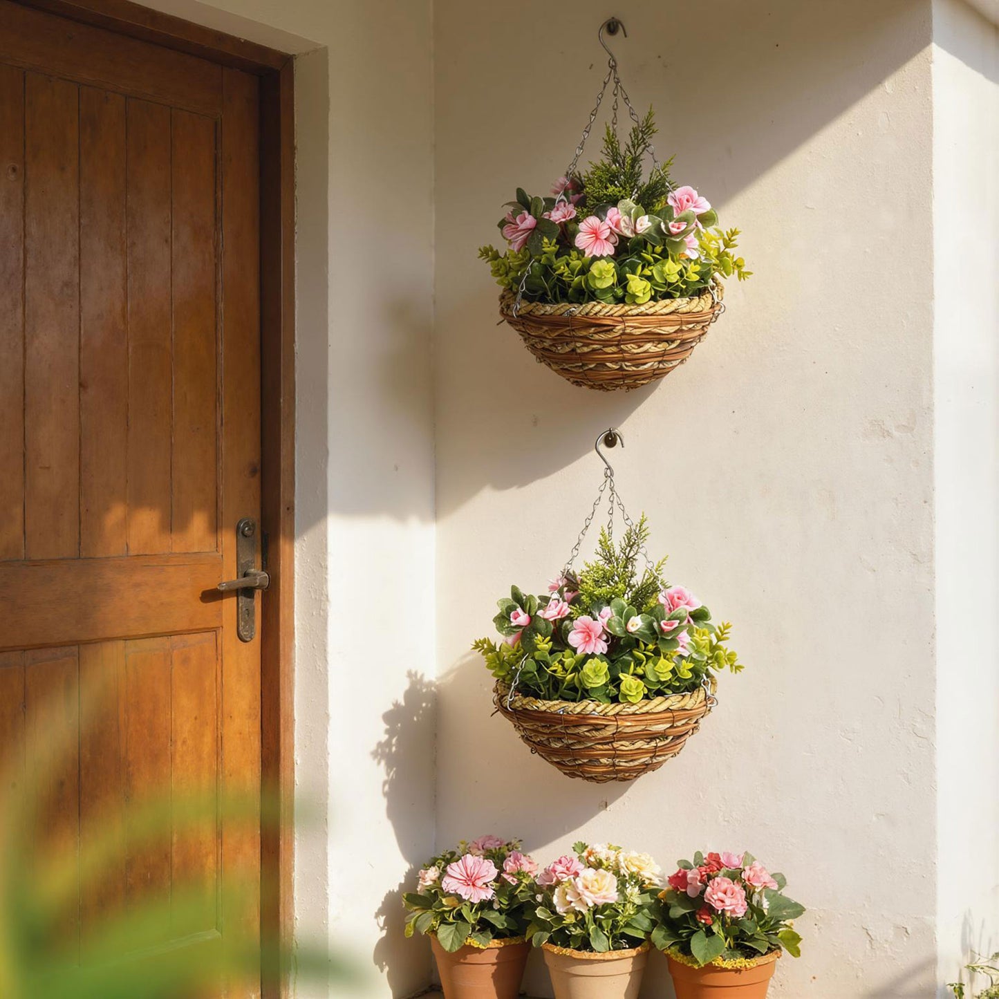 Set of Two Hanging Lisianthus Flower Pots - Pink/Green
