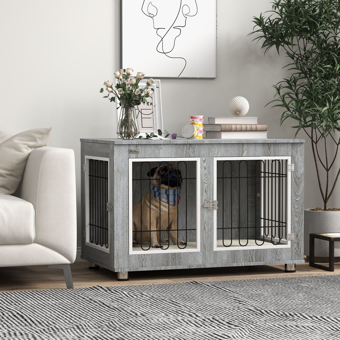 Dog Crate Furniture End Table, with Washable Cushion, Double Doors, for Medium/Large Dogs, Grey