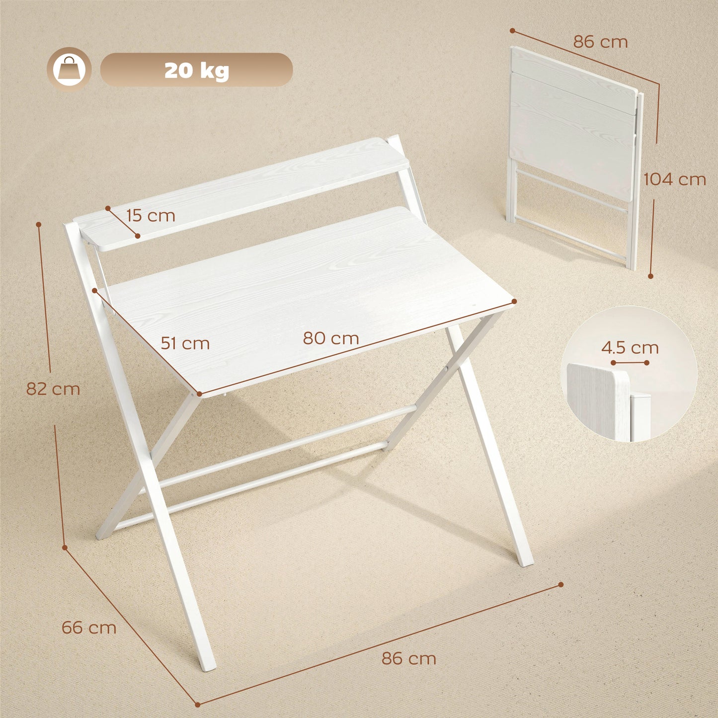 Compact Folding Desk for Small Spaces with Storage Shelf for Home Office, White