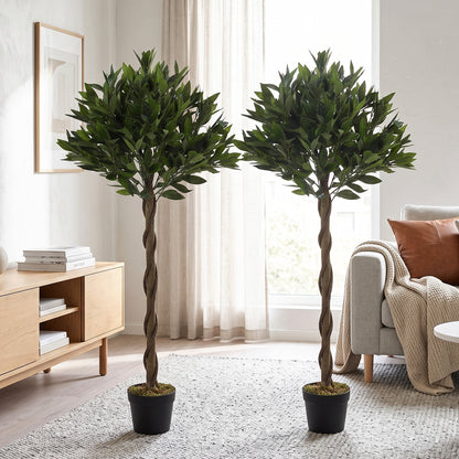 Artificial Bay Laurel Topiary Trees with Twisted Trunk, Realistic Lush Topiary Ball Tree with Weighted Pot, Set of 2