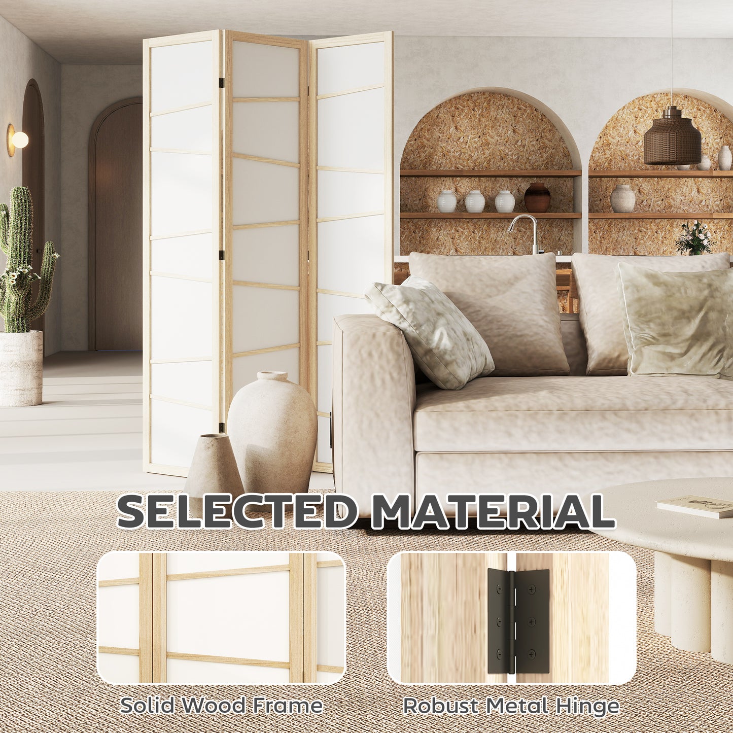 Wooden Folding Privacy Screen, 3 Panel Room Divider for Bedroom, Natural Wood Finish