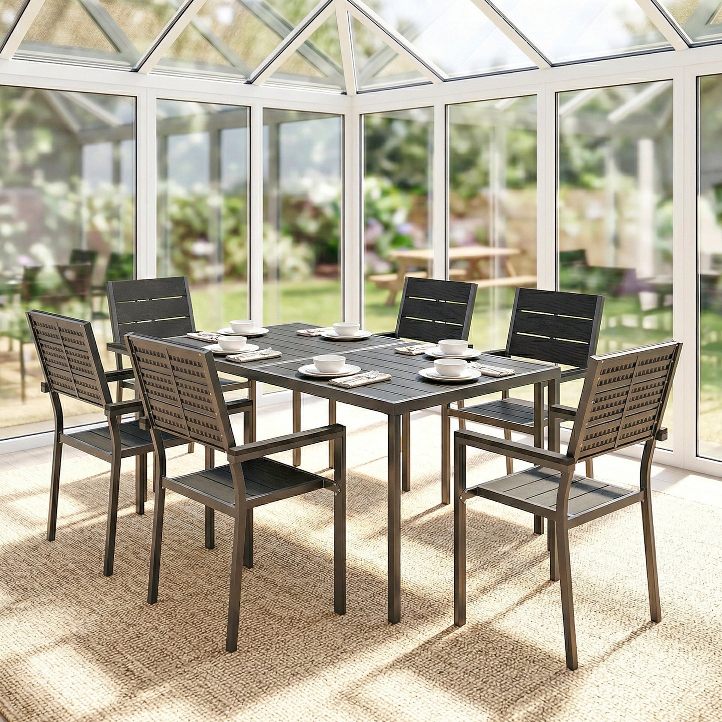7 Pieces Outdoor Dining Set, Patio Table and Chairs for 6, Garden Dining Furniture Set with Slatted Tabletop