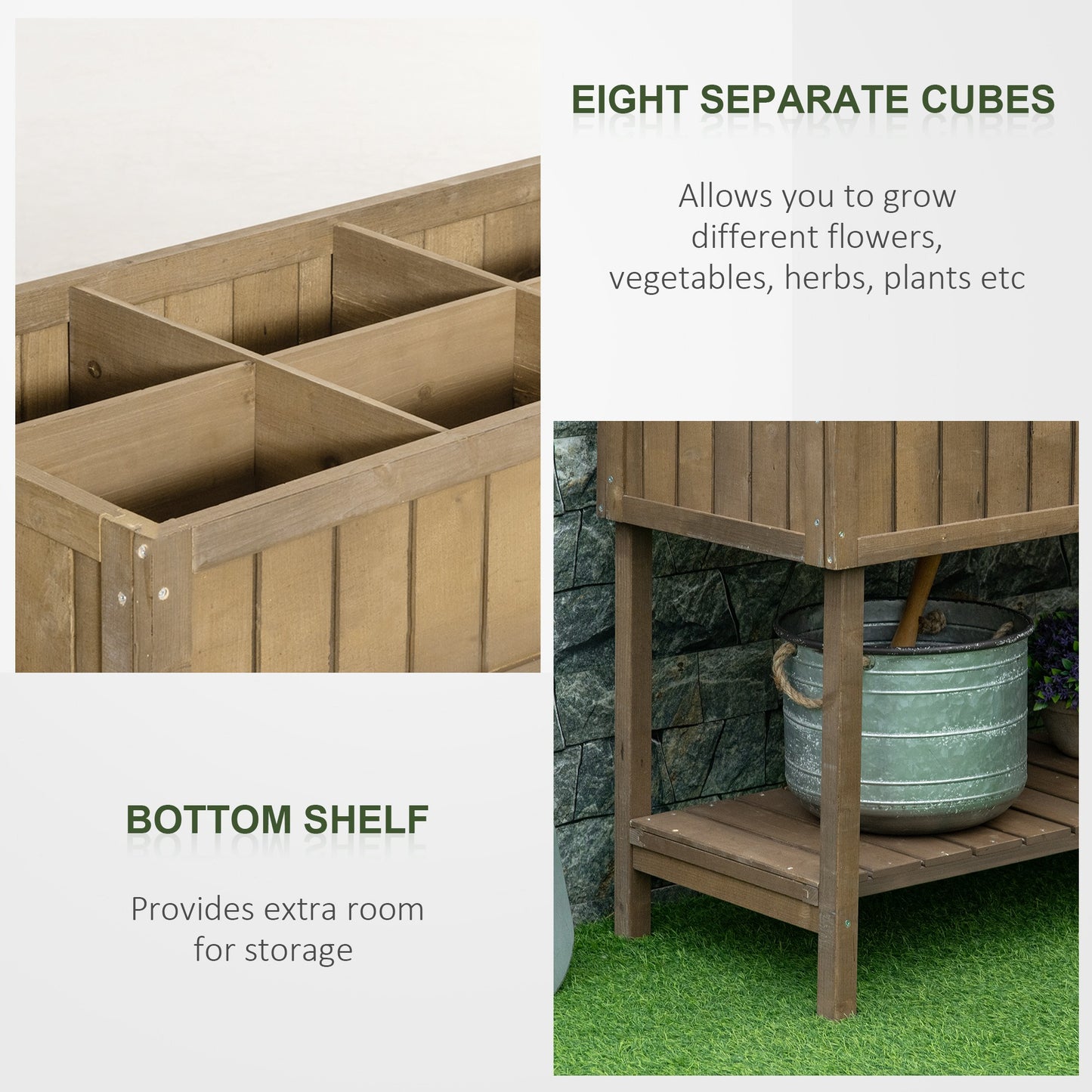 Wooden Herb Planter Raised Bed Container Garden Plant Stand Bed 8 Boxes 110L x 46W x 76Hcm Brown