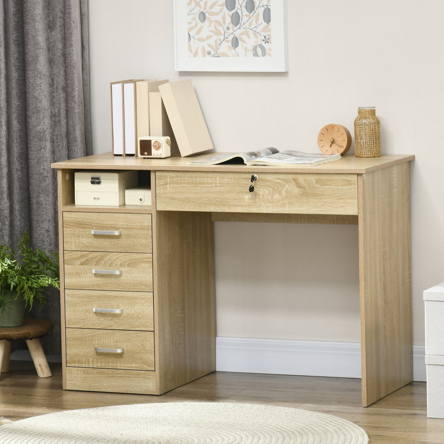 Computer Desk with 5 Drawers, Home Office Desk with Lockable Drawer and Storage Shelf, Study Table for Bedroom