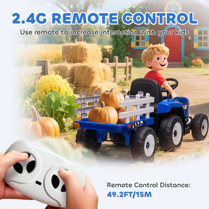 Ride On Tractor, Battery Powered Electric Car, with Detachable Trailer, Remote Control, Music, Blue