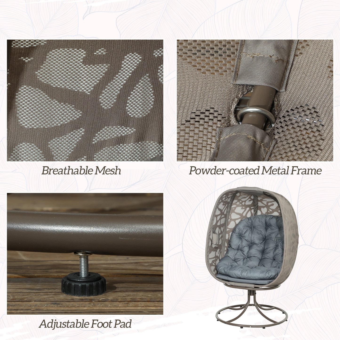 Swivel Egg Chair with Cushions, Foldable Basket Seat and Metal Frame, Indoor Outdoor Lounge Chair for Balcony