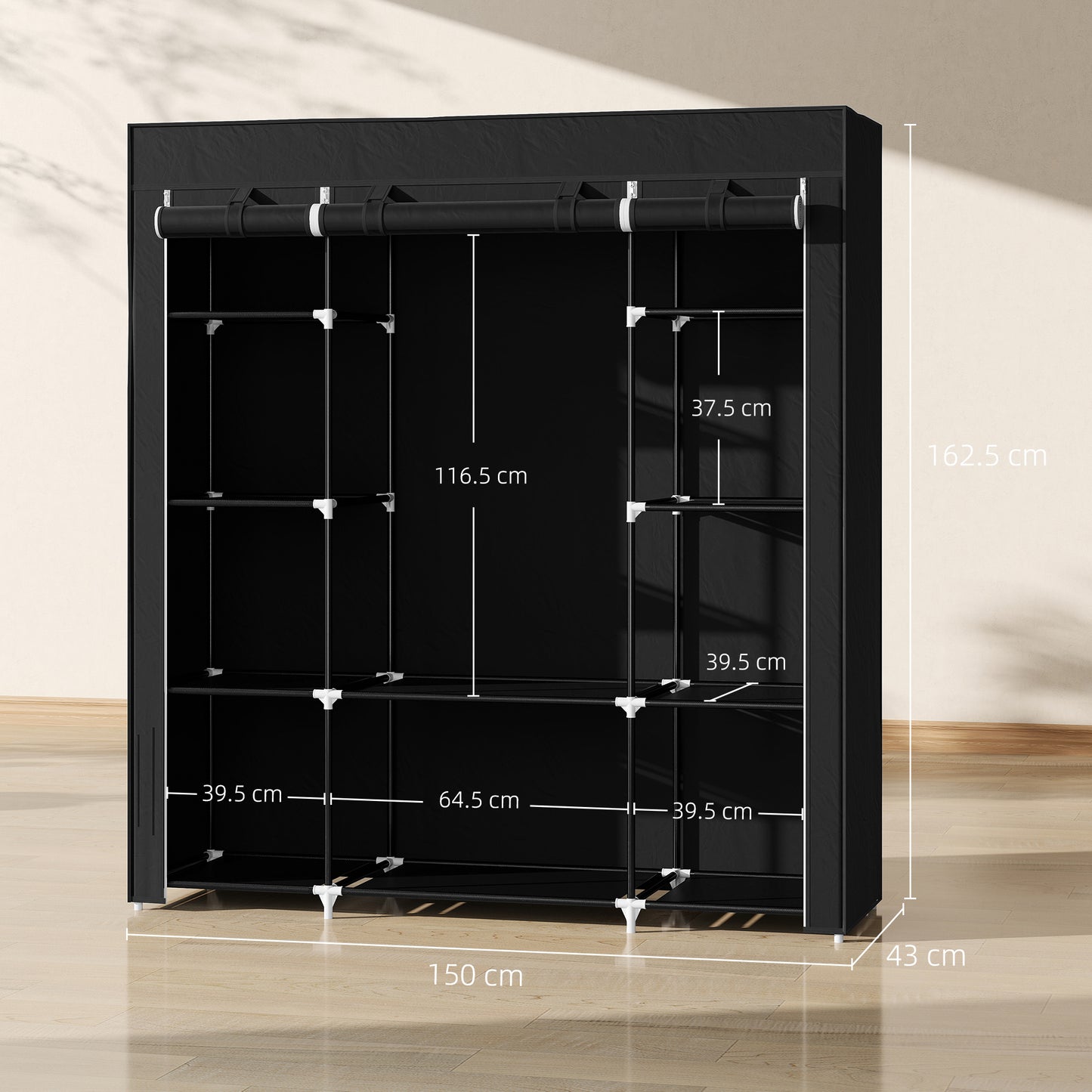 Portable Wardrobe, Foldable Fabric Wardrobe, 150 x 43 x 162.5cm, Clothes Storage Organiser with Hanging Rail, Shelves