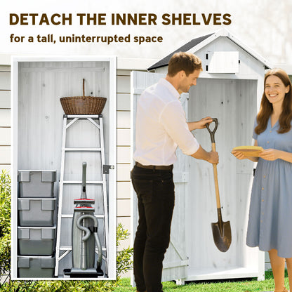 Small Shed, Tall Slim Wooden Garden Shed with 3 Removable Shelves and Roof Hatch, Compact Outdoor Tool Storage Cabinet