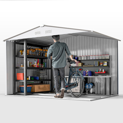 Metal 9 x 6FT Bike Shed, Mobility Scooter Shed House with Foundation Kit, Ventilation, Silver