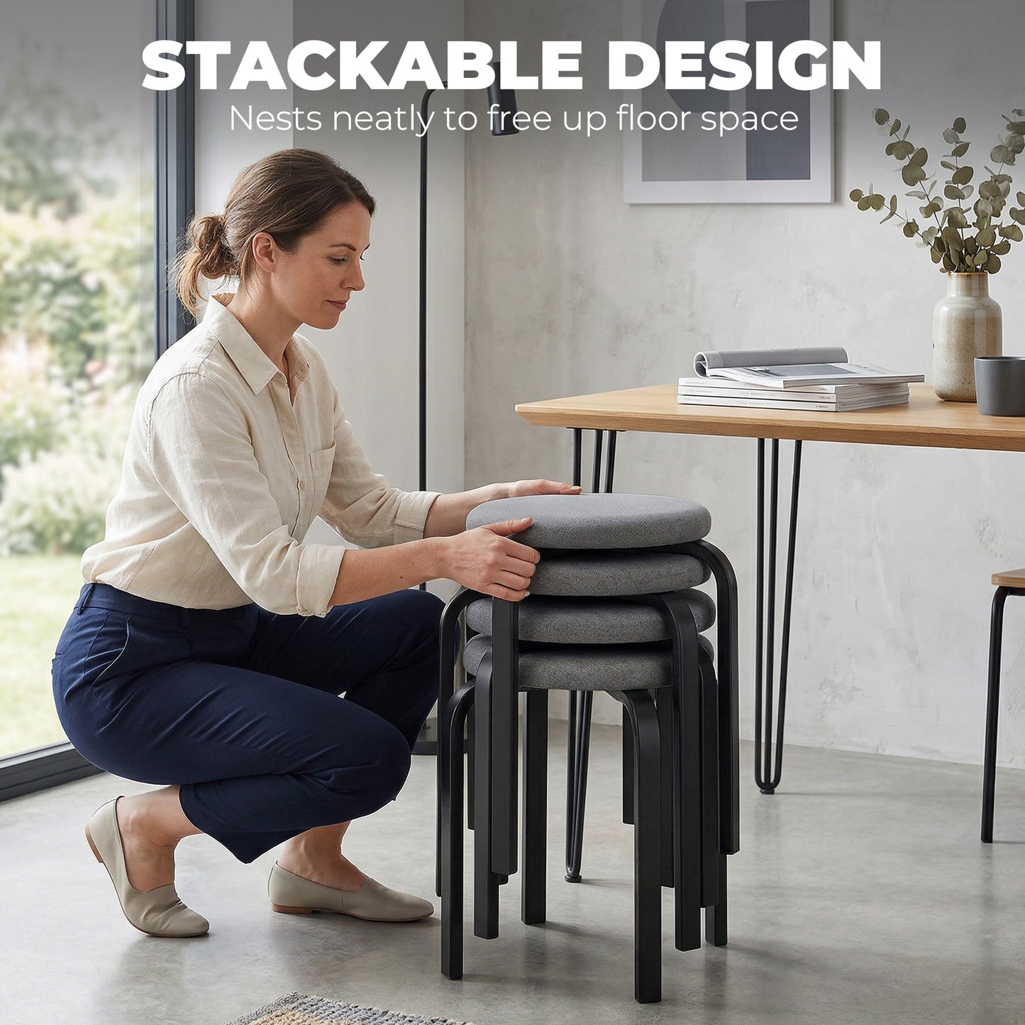 Stackable Stools Modern Cushioned Round Backless Stools Set of 4 Kitchen Dining Room Dark Grey