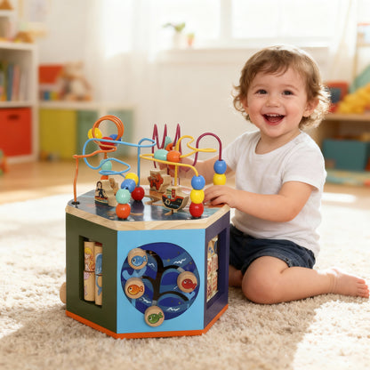 Wooden Activity Cube, Baby Toys with Bead Maze, Pattern Sorter for Toddlers Boys and Girls 18+ Months